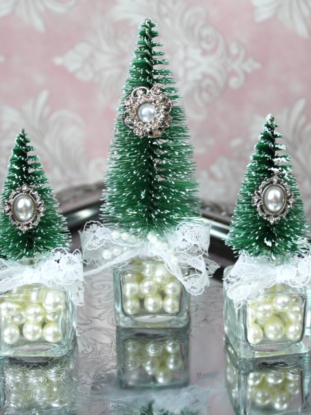 Shabby Chic Green Bottle Brush Christmas Trees – Salt and Pepper Shaker Holiday